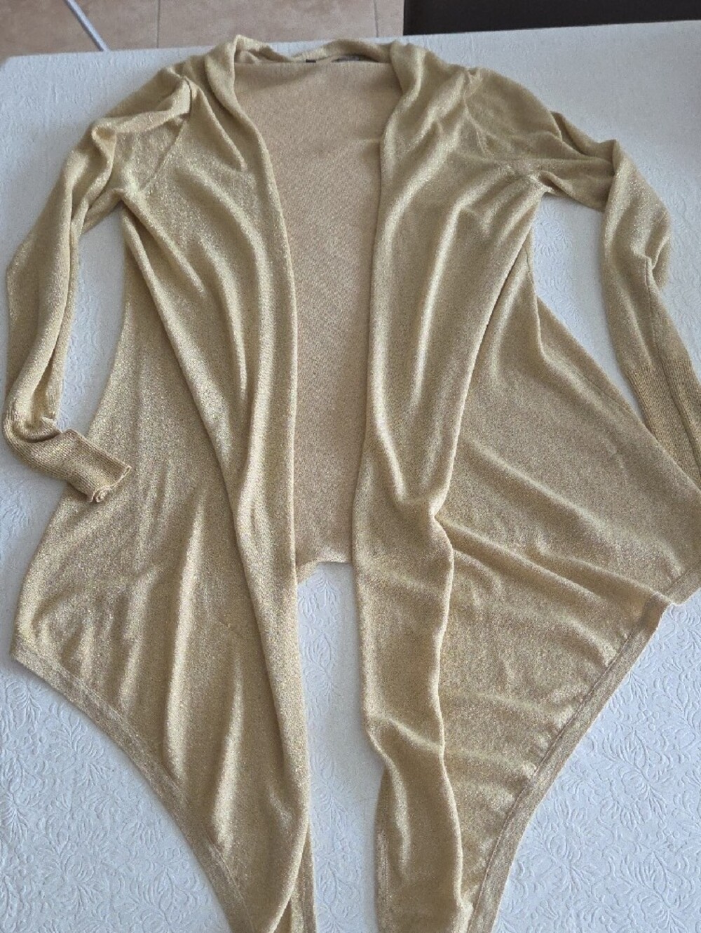 Light Gold Open-Front Knit Cardigan Sweater